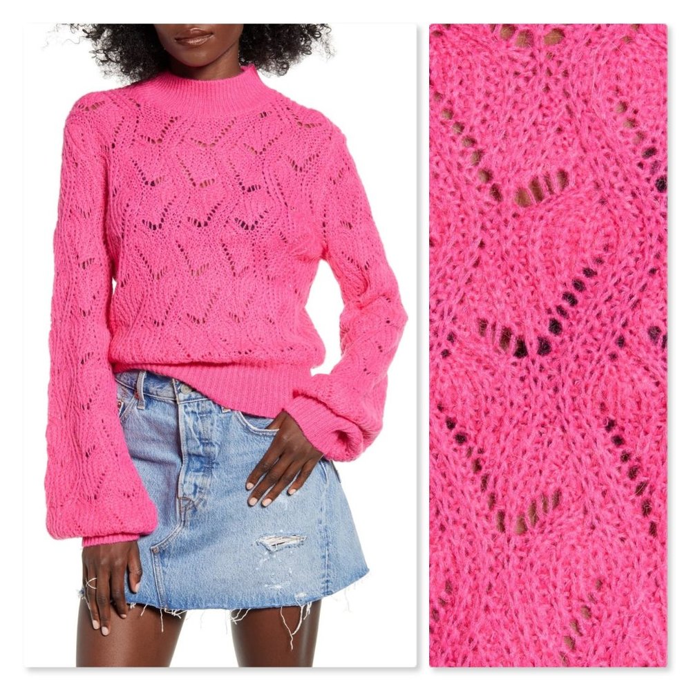 SOLD - ASTR Pointelle Bishop Sleeve Sweater sz XL in Pink
